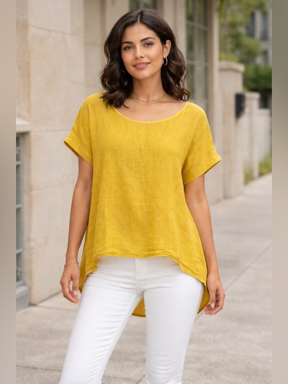 Terzo Millennio Mustard Yellow 100% Linen Hi Low Hem Pullover Large Top NWT